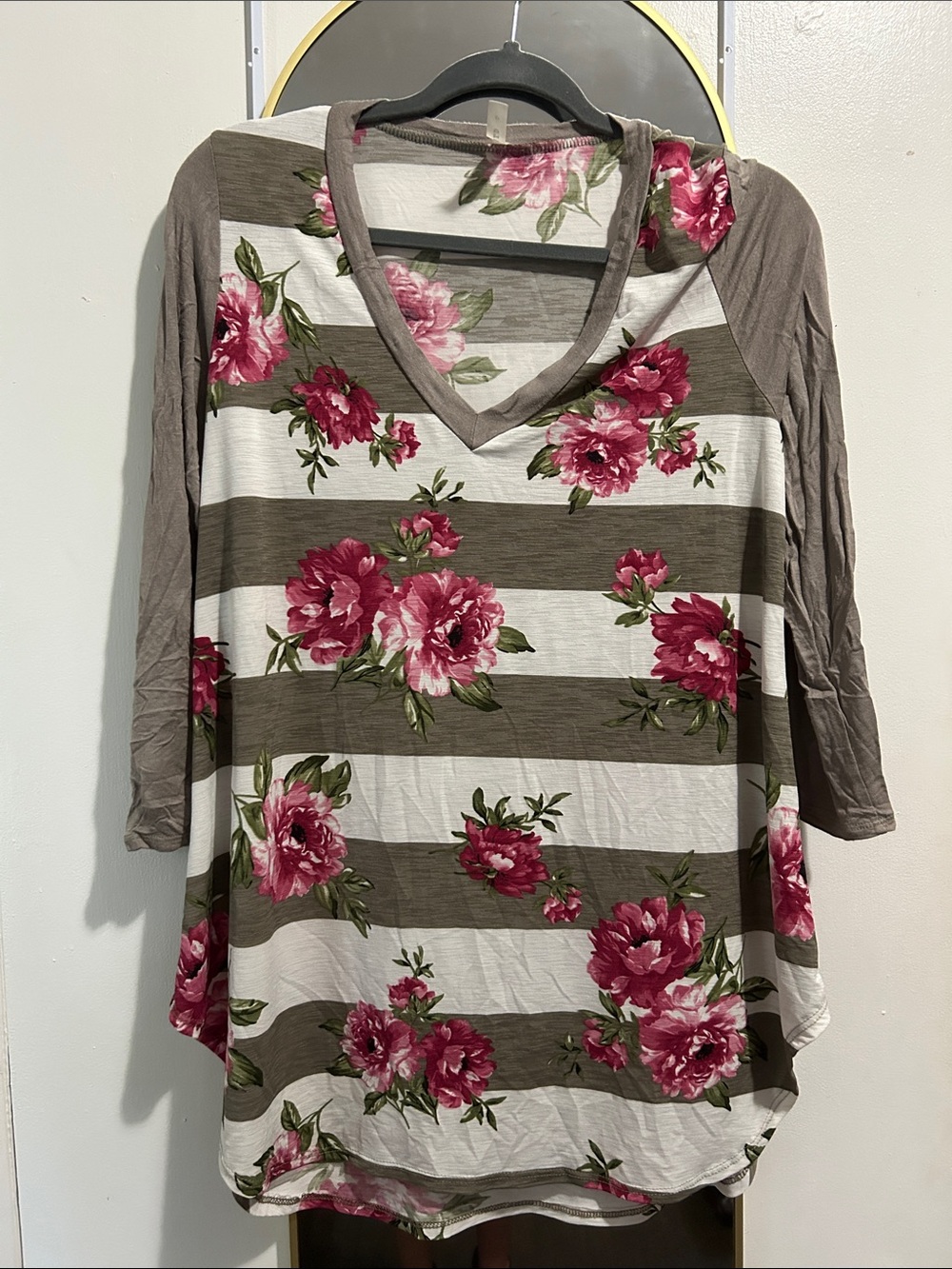 Emerald Striped V-Neck Tunic with Rose Print - Pink & Taupe
